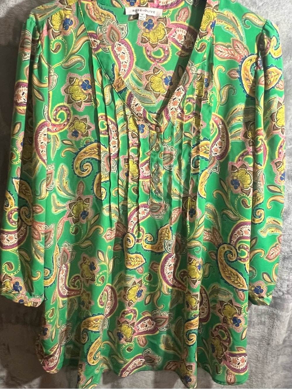 Rose & Olive Green Paisley V-Neck Tunic with Yellow Accents